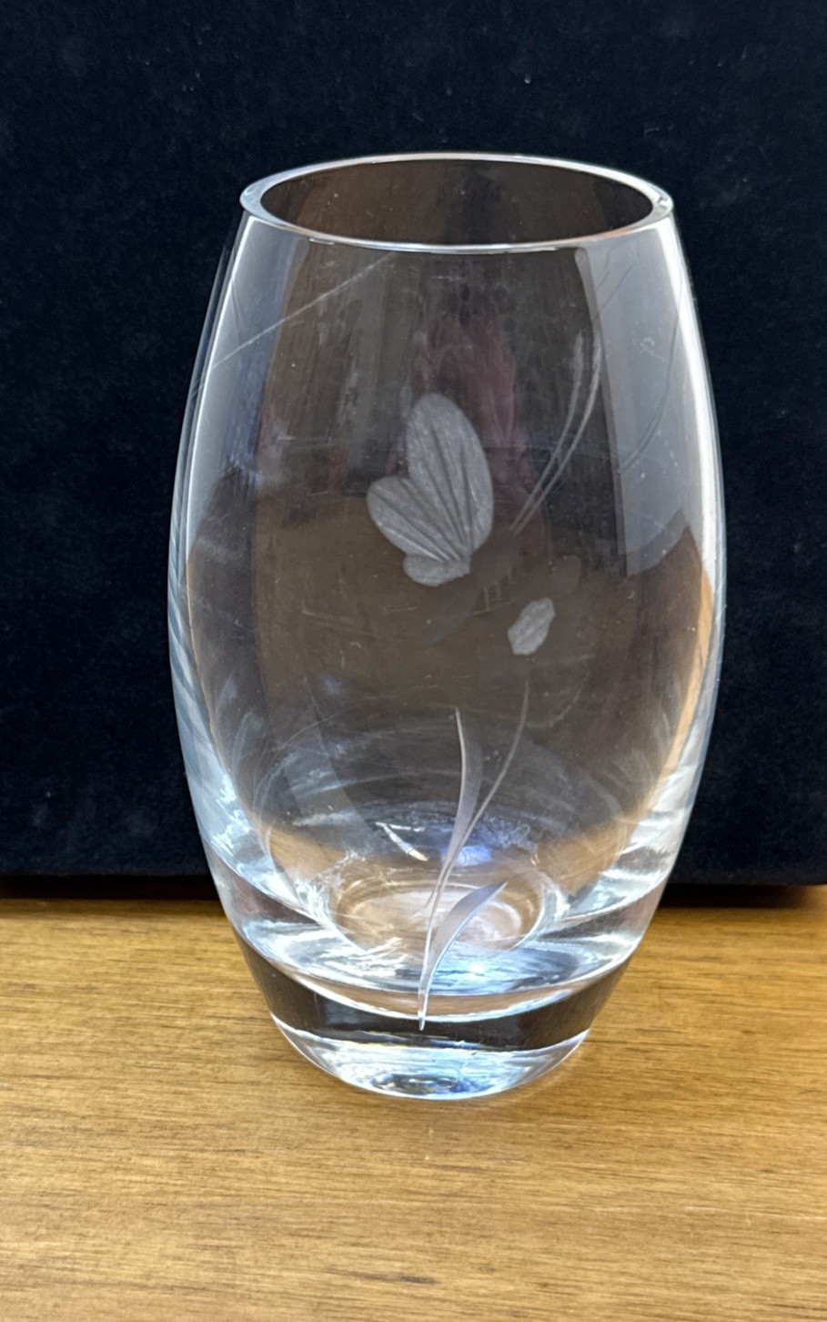 Contemporary Clear Glass Vase Etched Butterfly Floral Design Heavy Base