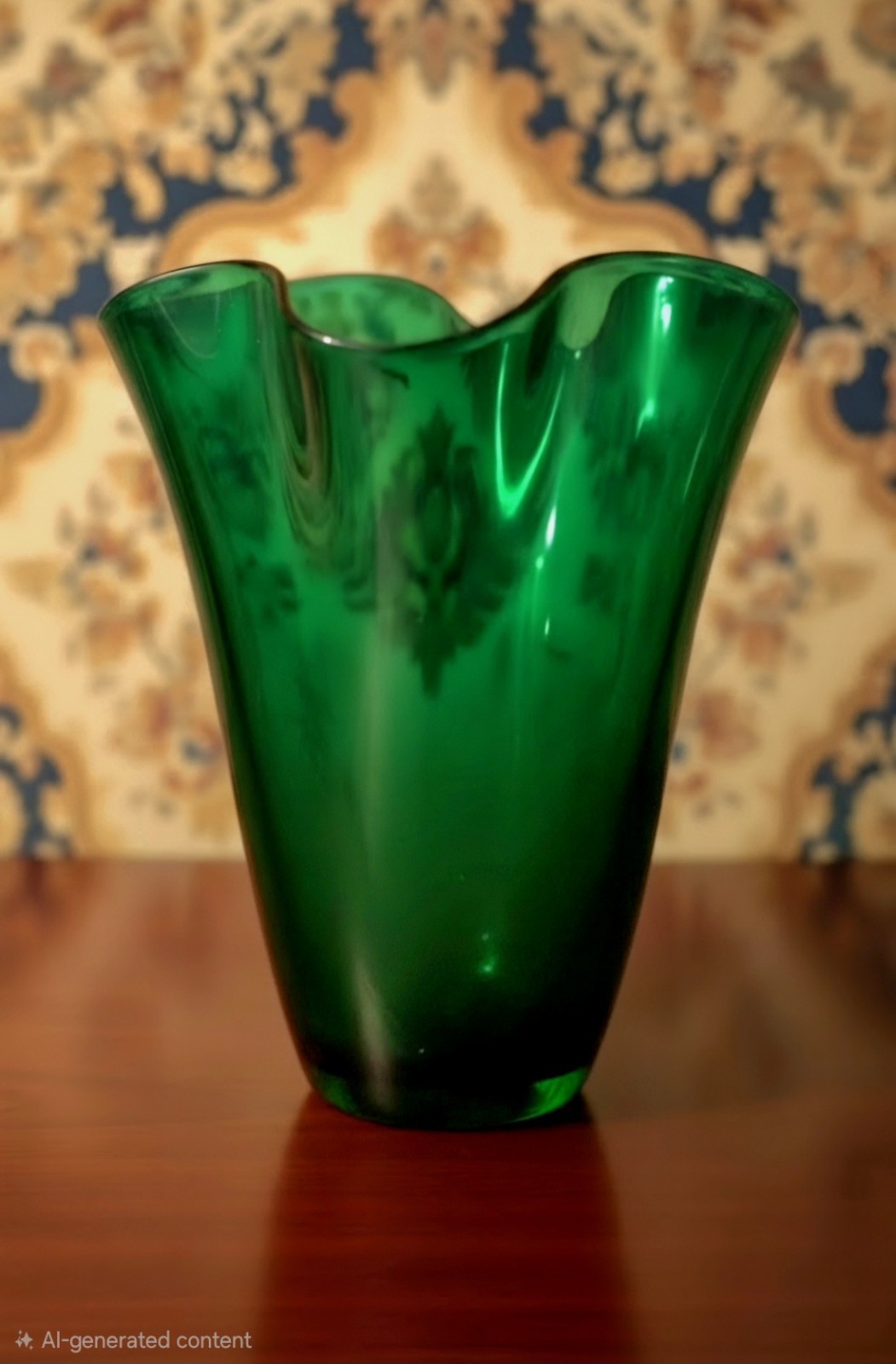 Green Hand Blown Art Glass Vase Ruffled Glossy Decorative Handmade