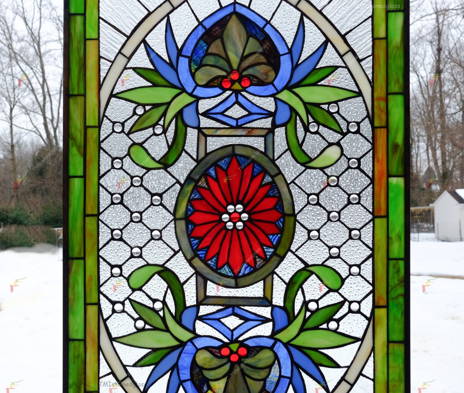 20″ x 34″ Jeweled Tiffany Style stained glass window panel glass panel, HF142