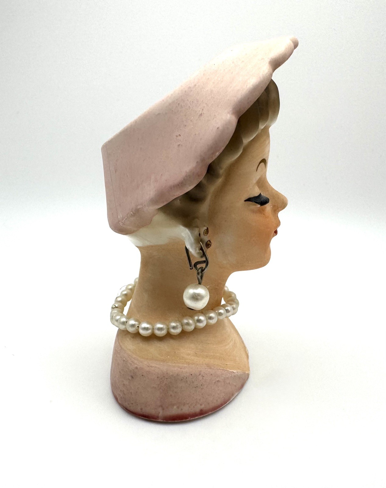 Vintage 3″ Mini Hat Lady HEAD VASE Pearl Earrings and Necklace Girl
