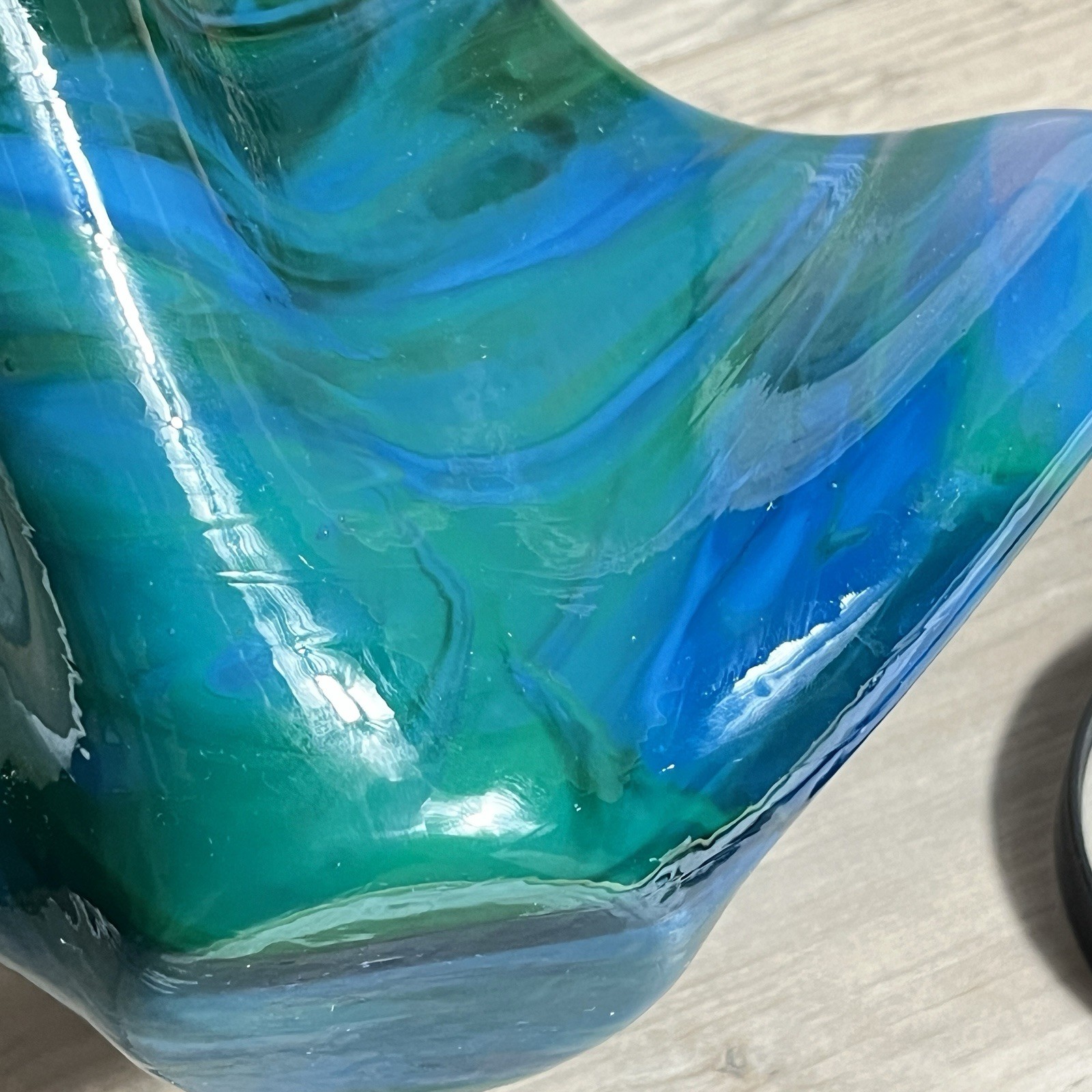 Handkerchief Hand Blown Teal Blue Swirl Art Glass Vase Mid Century Style studio
