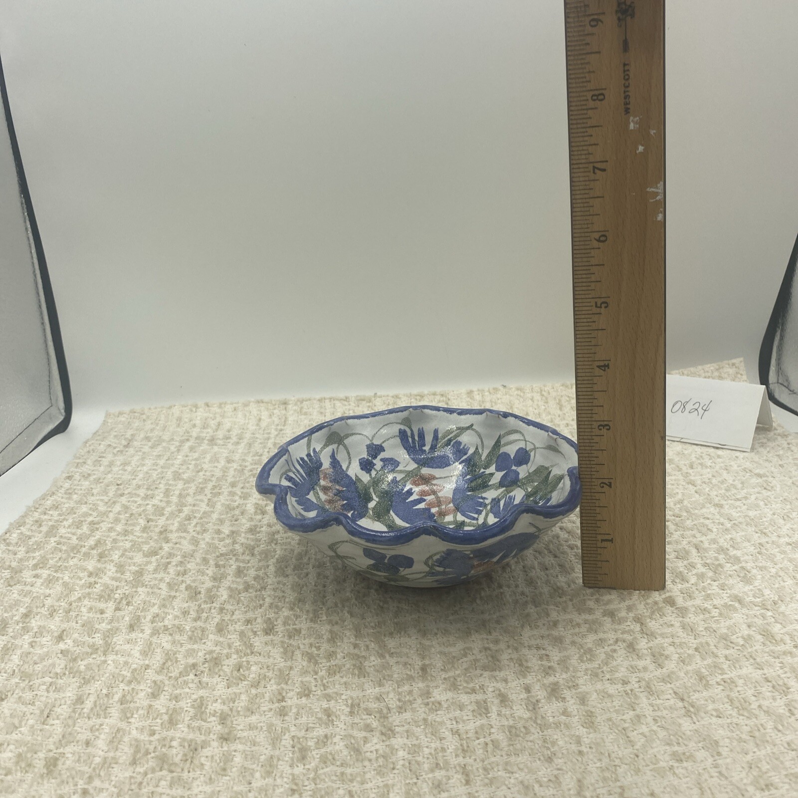 Vintage Grand Pottery Studio Art Pottery Bowl Stoneware Blue 6”Scalloped Top