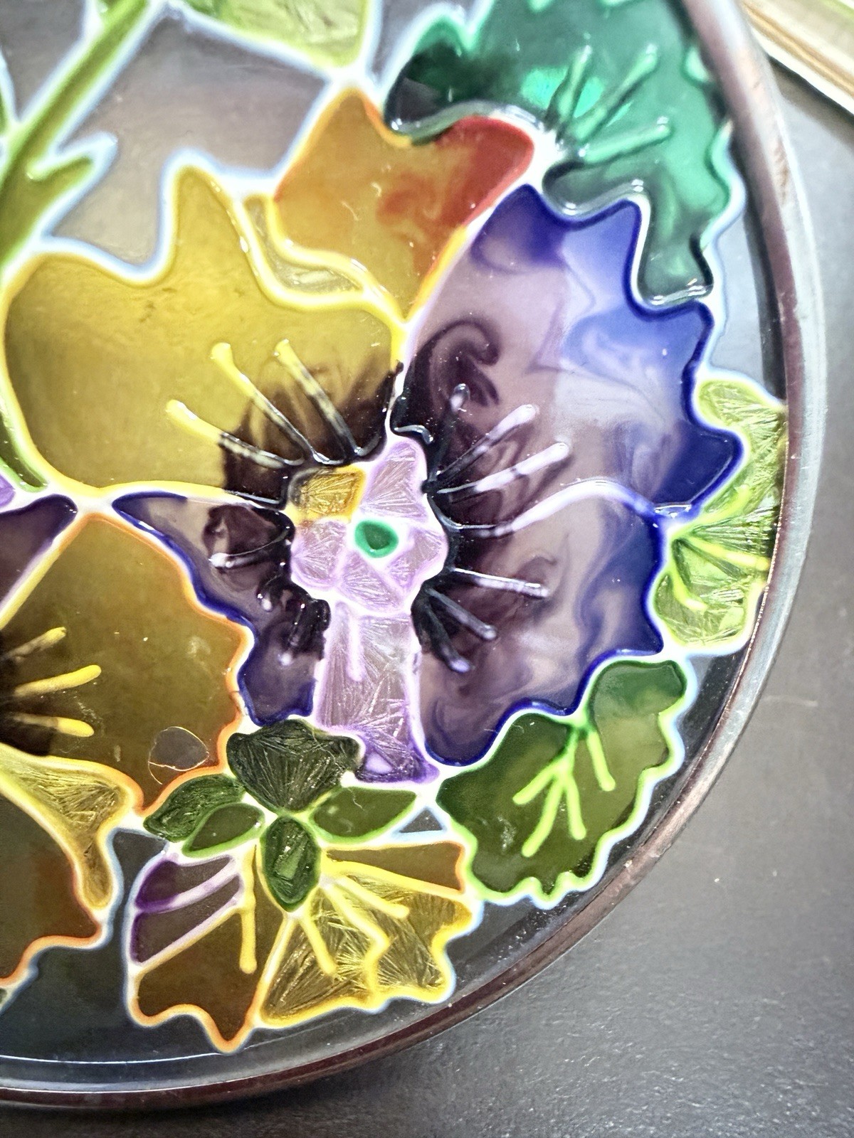 Amia Stained Glass Yellow & Purple Painted Pansy Round Hanging Decor 3.25 in