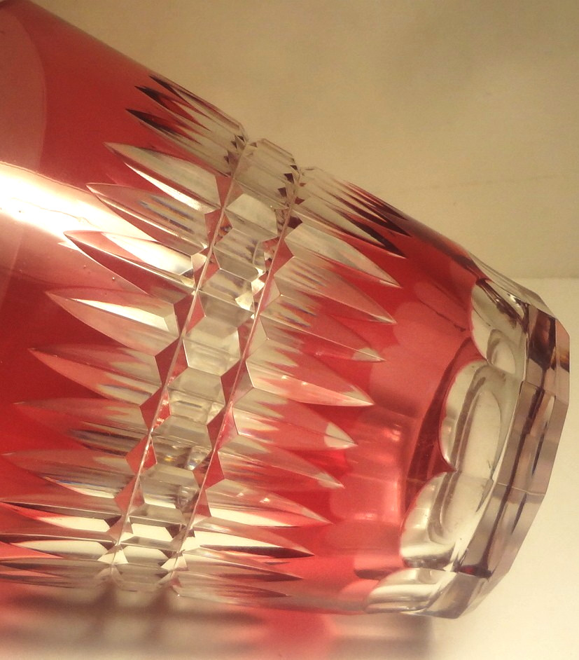 VAL ST. LAMBERT signed CRANBERRY CUT to CLEAR GLASS VASE-SMALL ICE BUCKET -NICE!