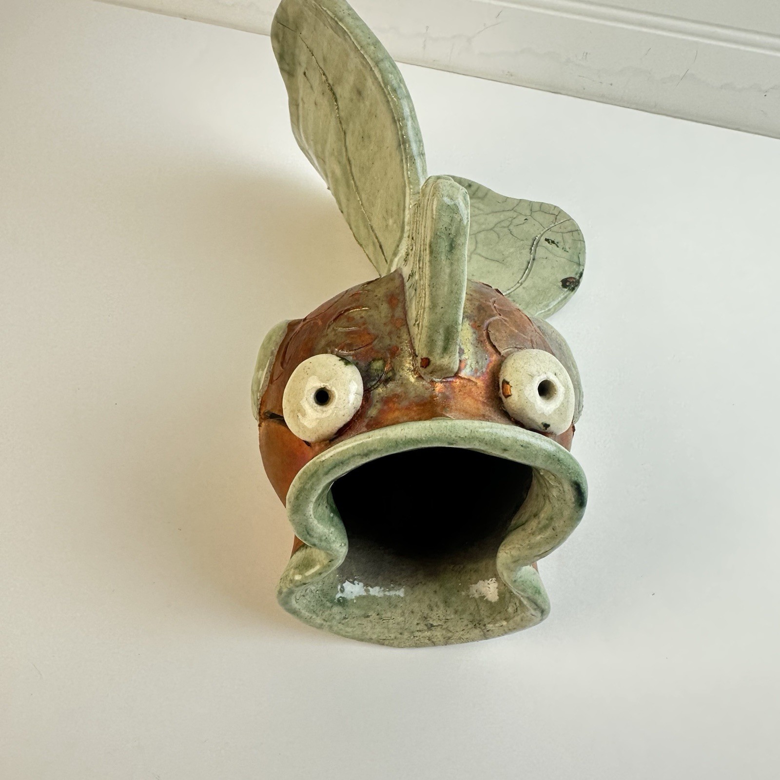 Artisan Raku Pottery Happy Surprised Fish Whimsical Coastal Beach Signed Ceramic