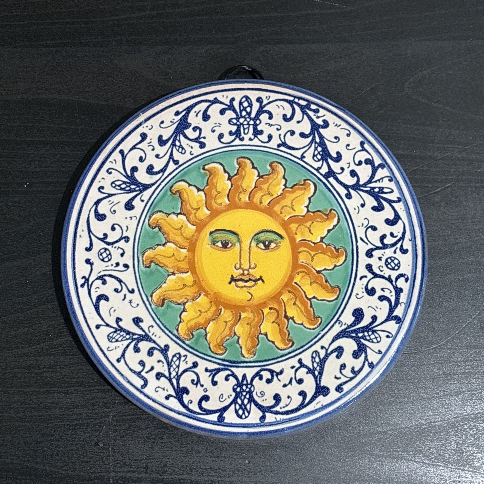 Vintage Sicilian Ceramic Terracotta Clay Sun Face Tile Wall Plaque Italy 6”