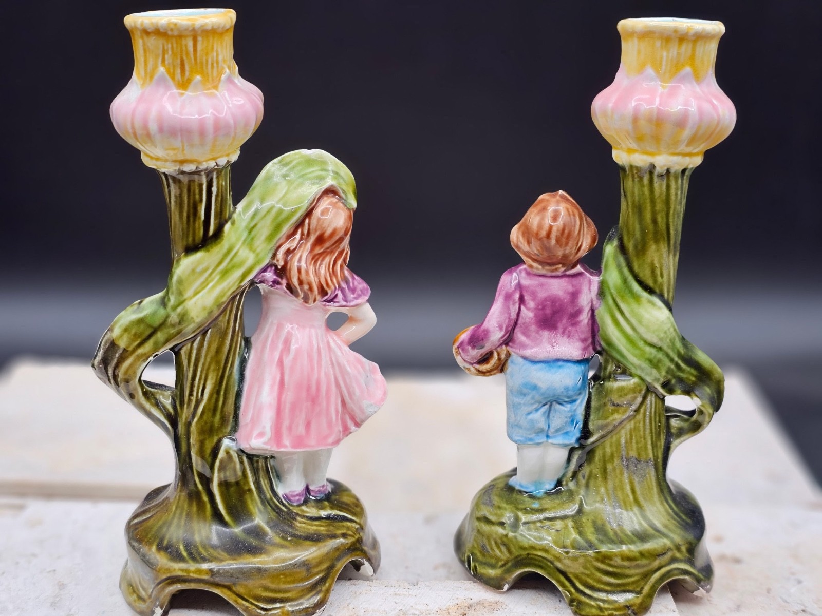 Antique FRENCH MAJOLICA CANDLE STICKS Holders (Pair -set of 2) Gorgeous 6.75″