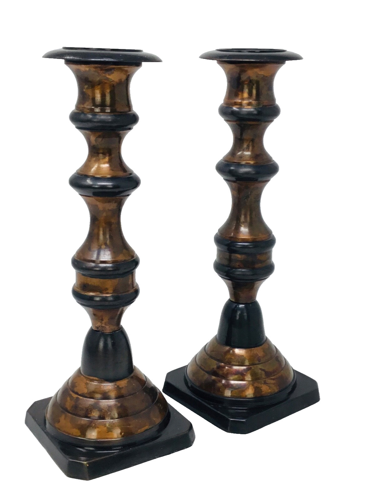 Candle Stick Holders Set—2 Copper, Brass Tone, Black Painted Metal India 9.25”