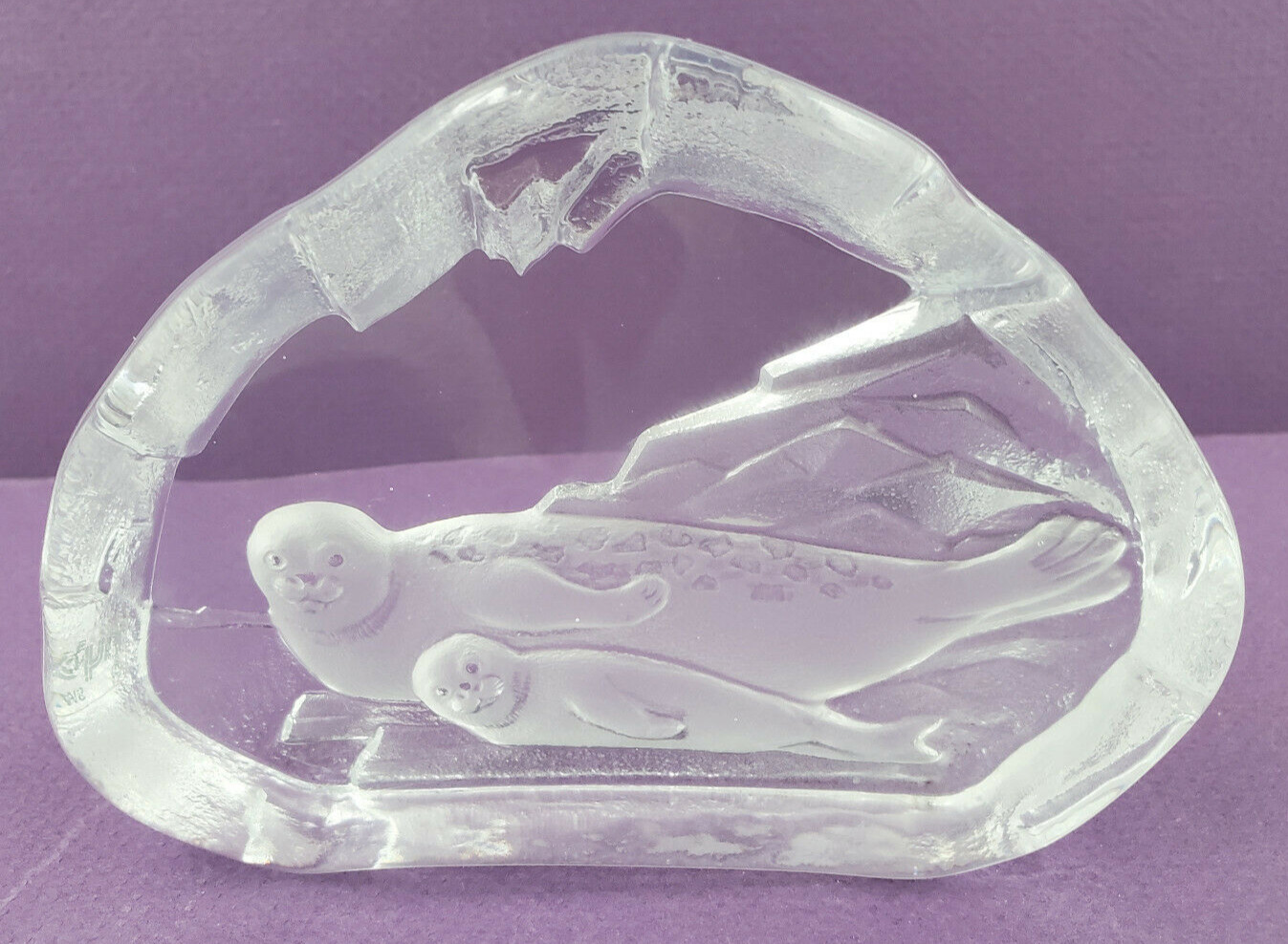 Nybro Lead Glass Crystal 2 Seals Sculpture Paperweight Sweden Signed