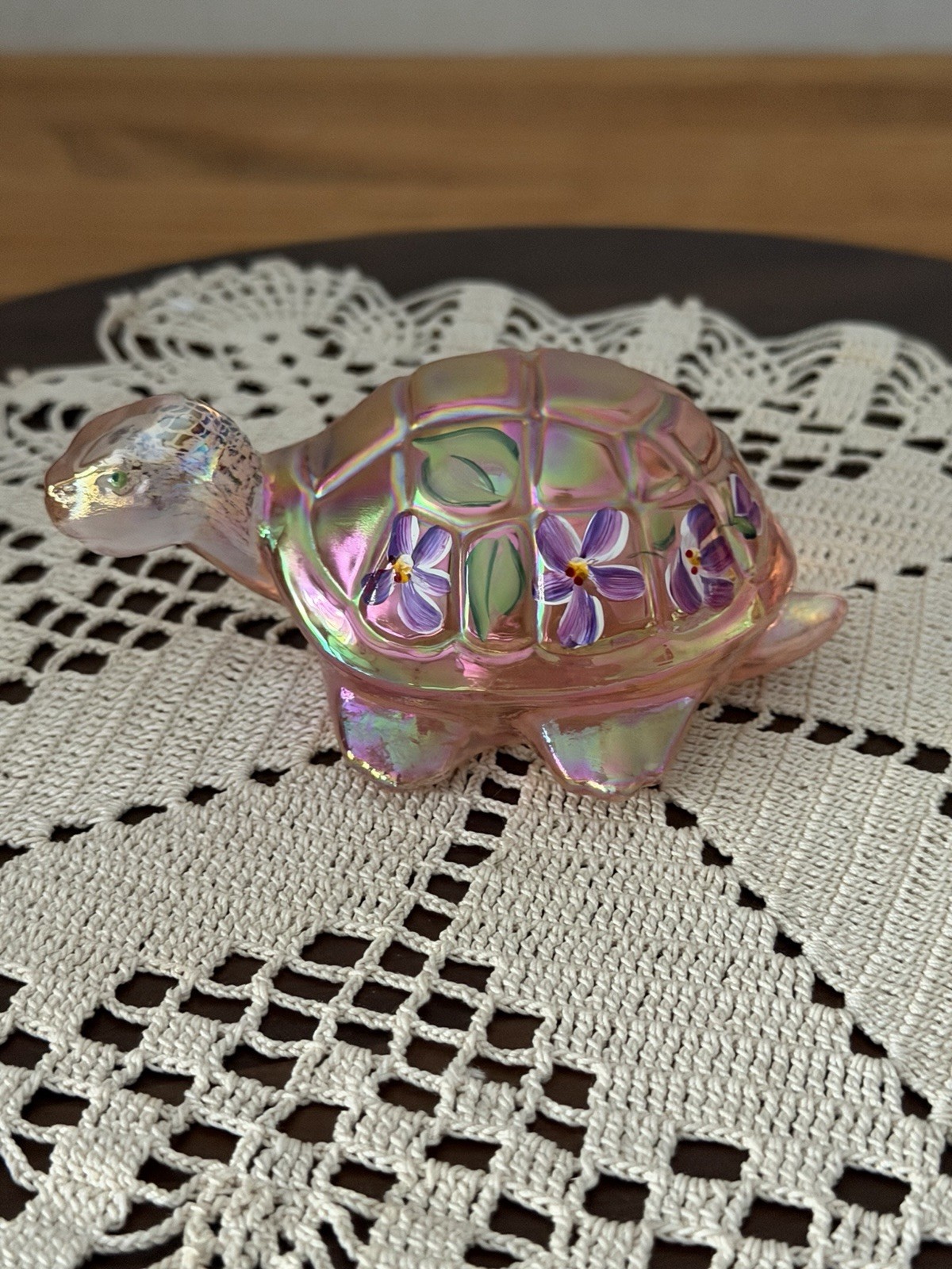 Fenton Lenox Sunset Pink Iridescent Hand Painted Turtle Figurine J Powell