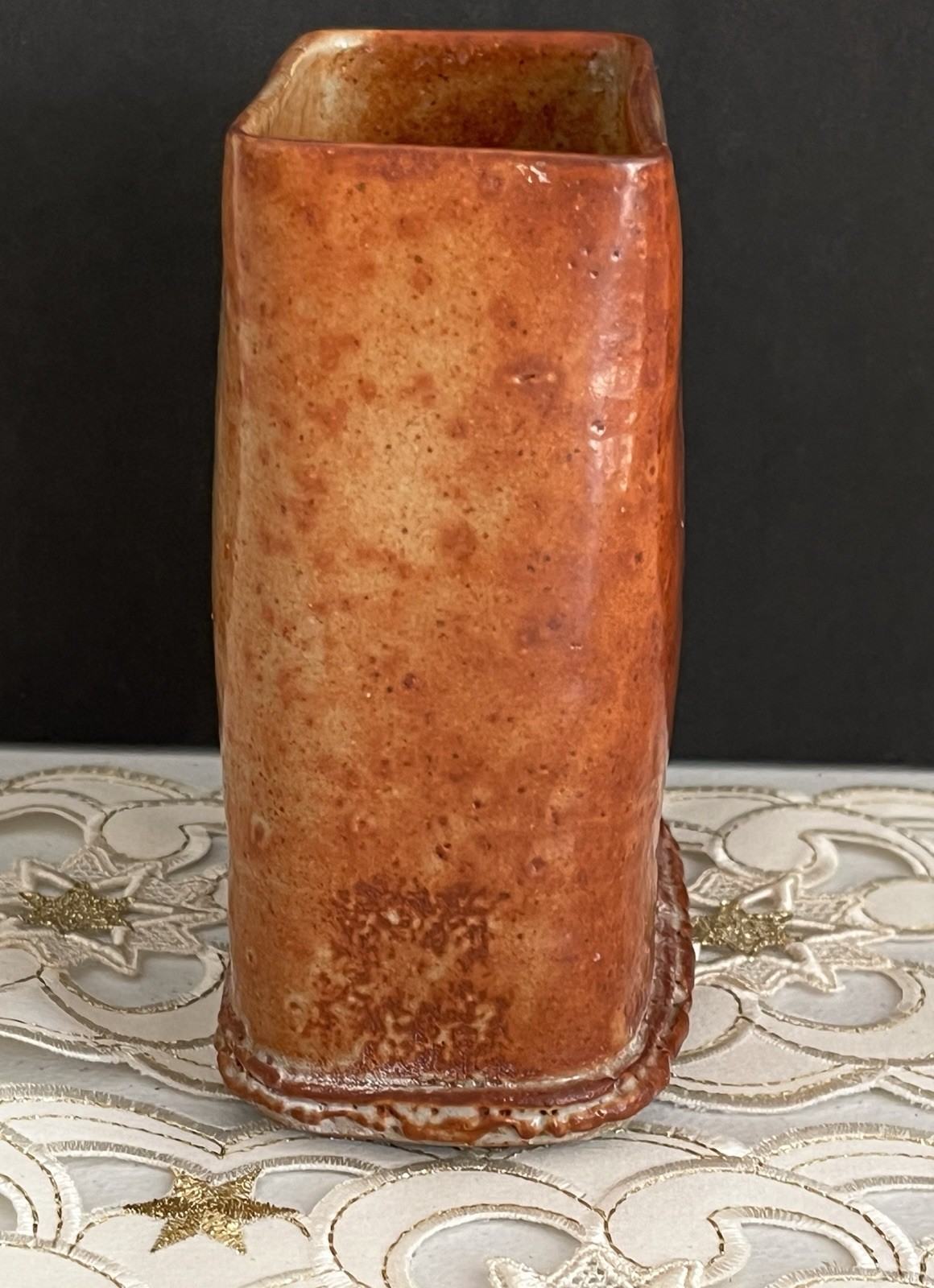 Hand Built Studio Pottery Vase Vessel Glaze Like Rust 5×4” Rectangle Signed