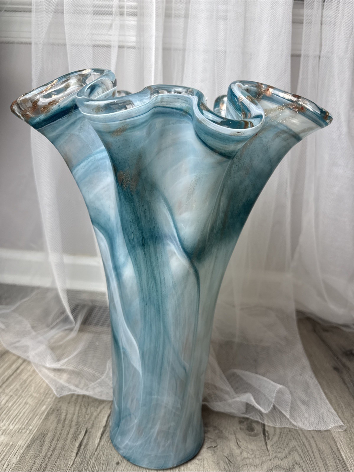 Murano Ruffle Top Light Blue & Gold Glass Vase 16″ H X 11″W X 11.5″D SEE PHOTOS!