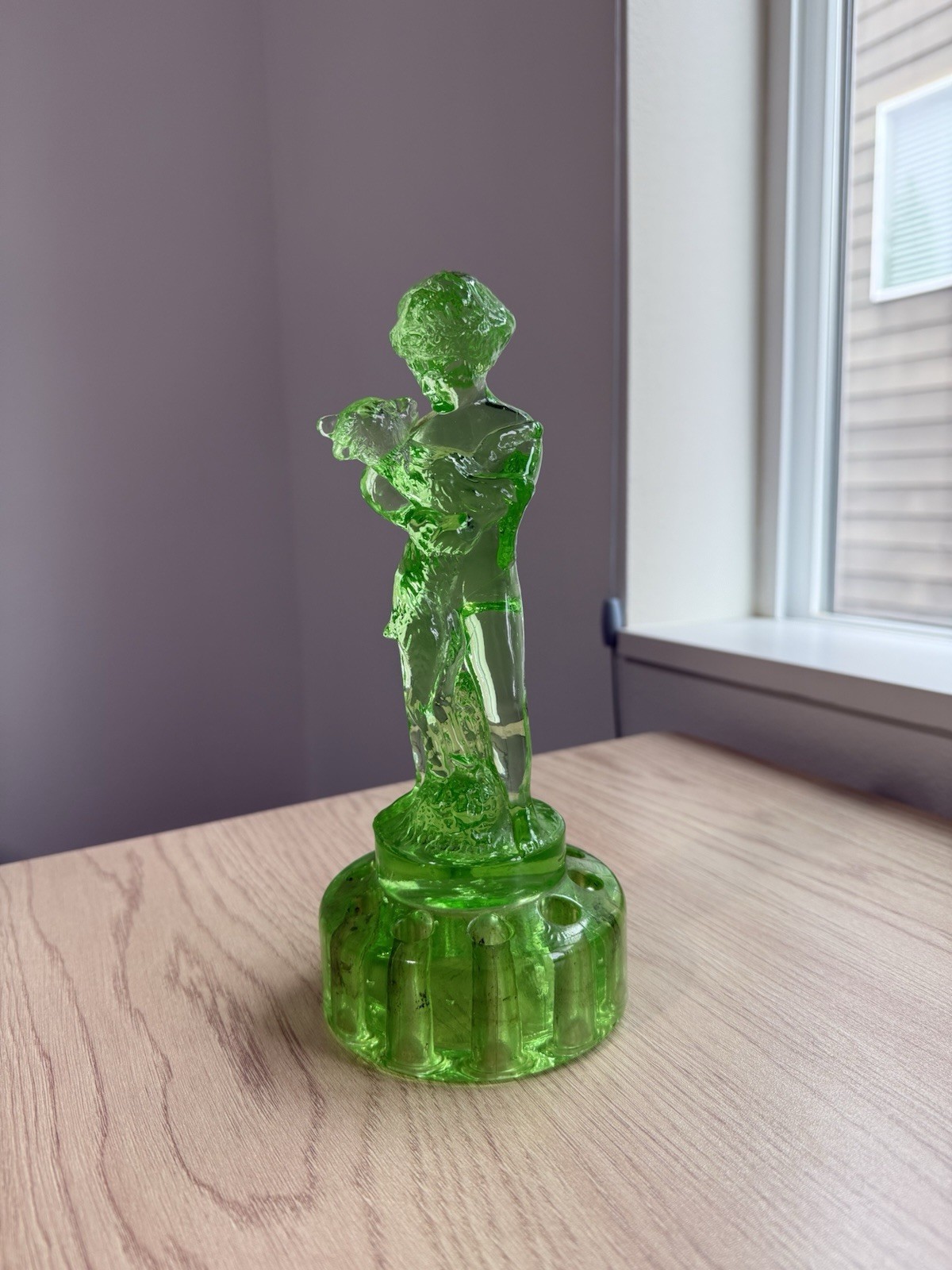Cambridge Green Uranium Glass – Two Kid Flower Frog Boy & Goat – See Photos/read