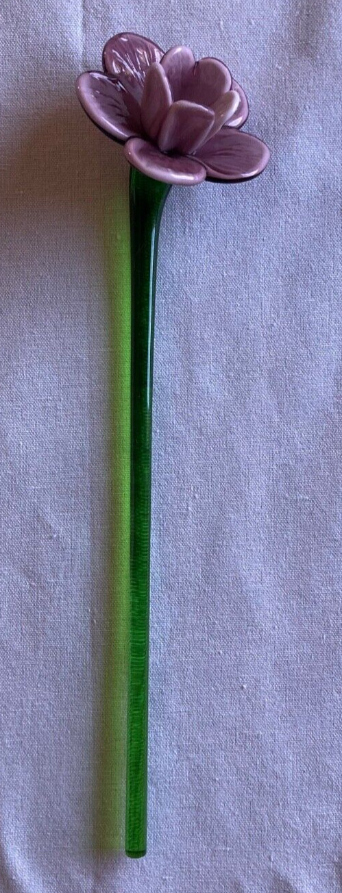 Vtg MCM Blown Art Glass Long Green Stem Plum Purple Flower 10 3/4″