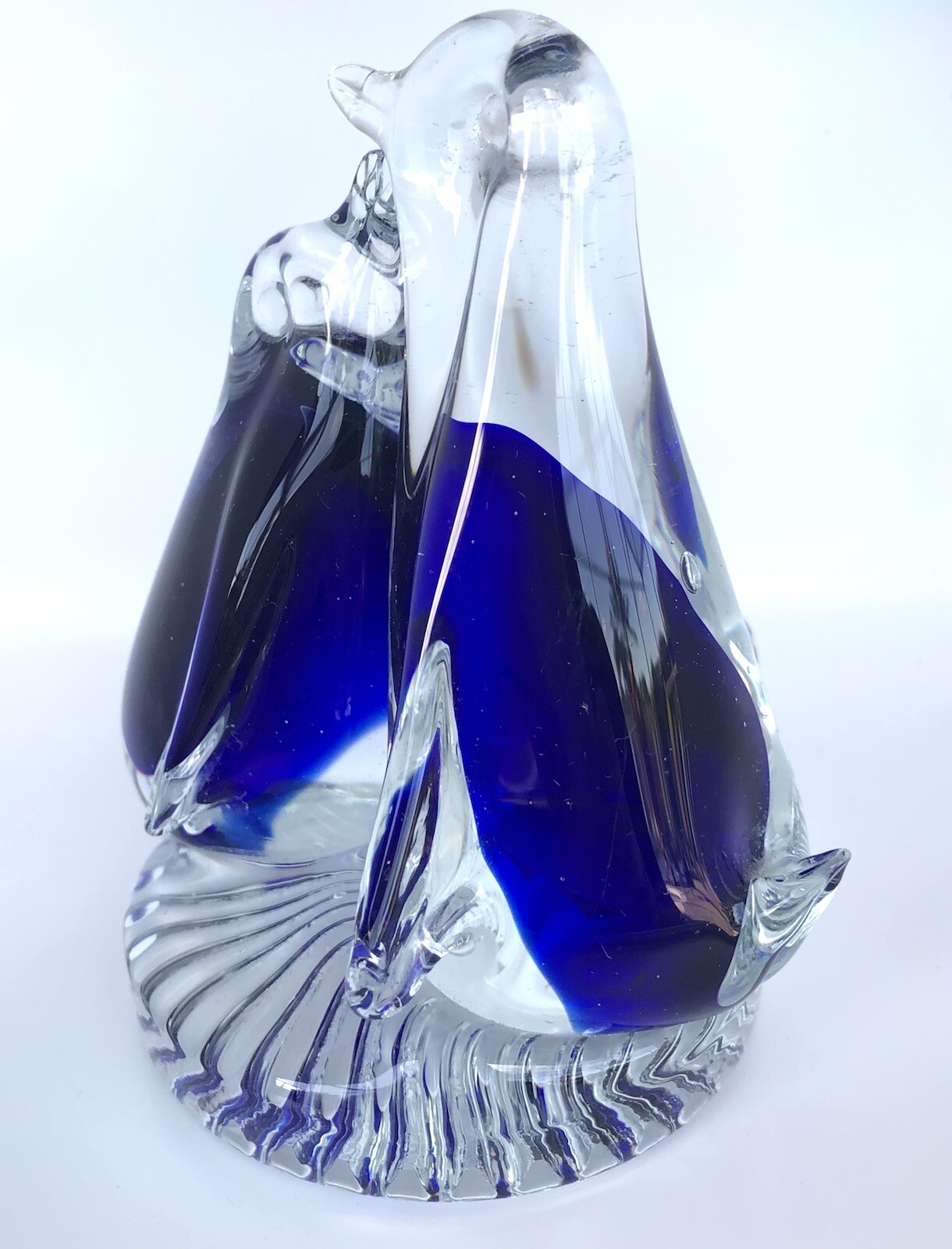 Vintage Cobalt Blue and Clear Art Glass Penguins Figurine Paperweight
