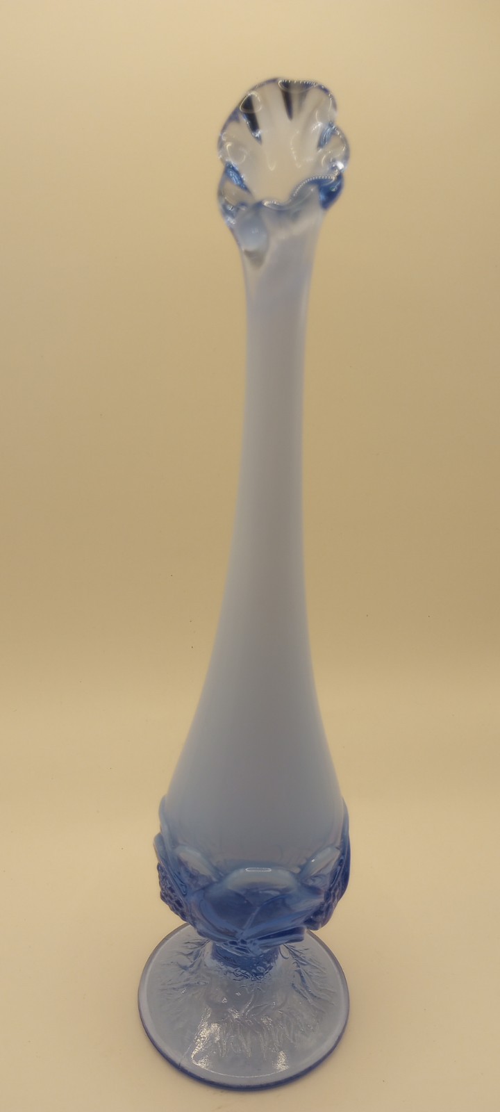 Vintage Fenton Water Lily Blue Opaline Swung Glass Bud Vase 10-3/4″ Tall