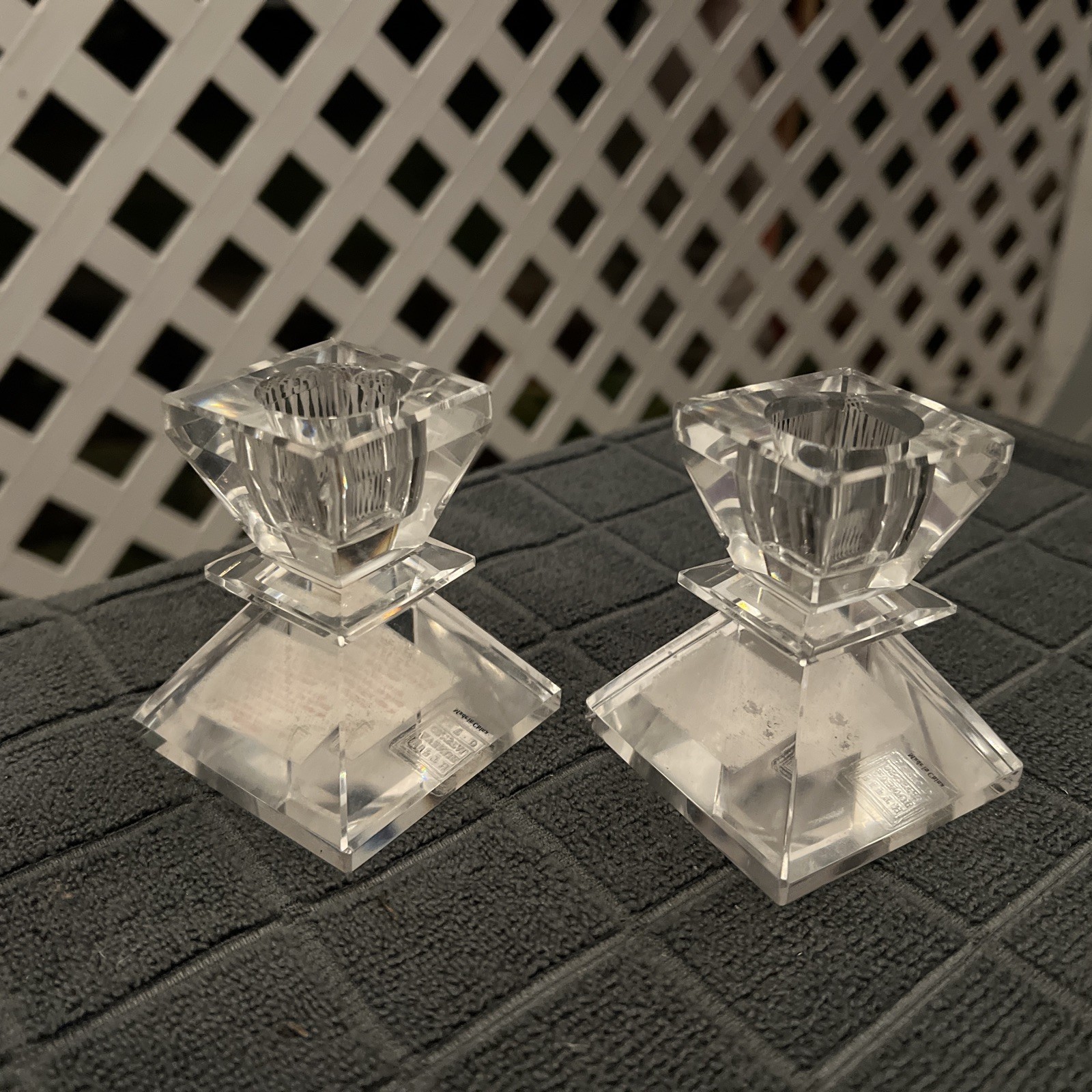(2) Saks Fifth Avenue Heavy Cubist Geometric CRYSTAL CANDLE HOLDERS 3”