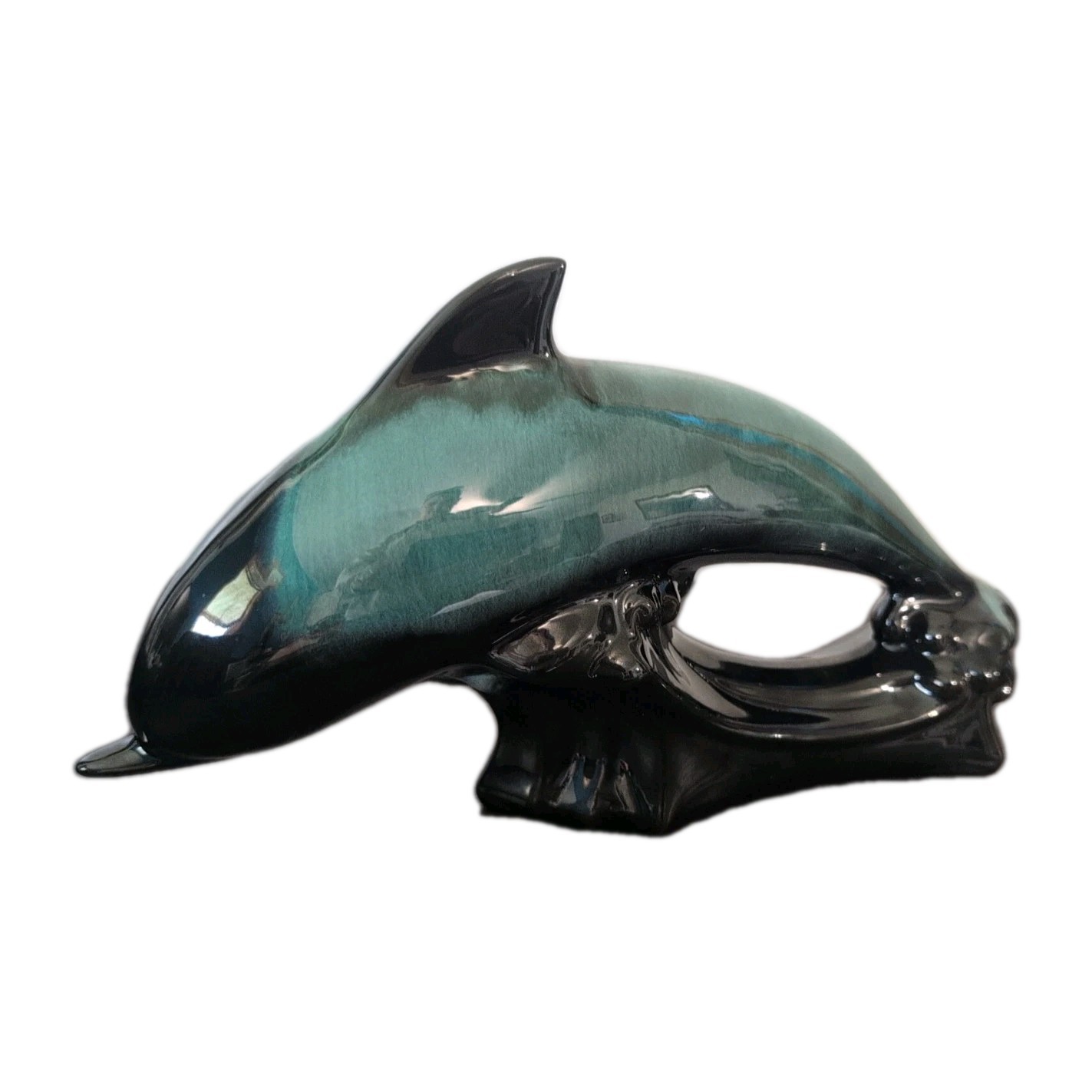 VTG Blue Mountain Pottery Jumping Dolphin Drip Glaze Turquoise Black Waves 12”