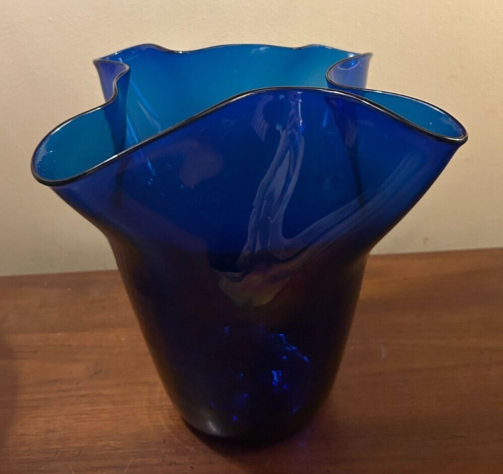 Blenko Hand-Blown Large Cobalt Handkerchief Vase #9537S – 1990s, WV