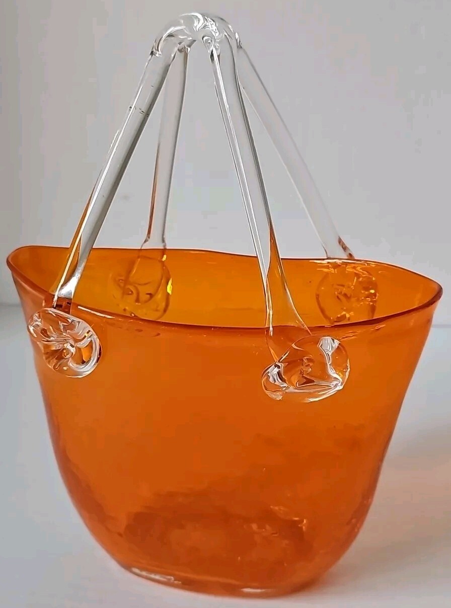 Vintage Murano Style Orange Handmade Blown Glass Handbag Planter Vase 9.75″