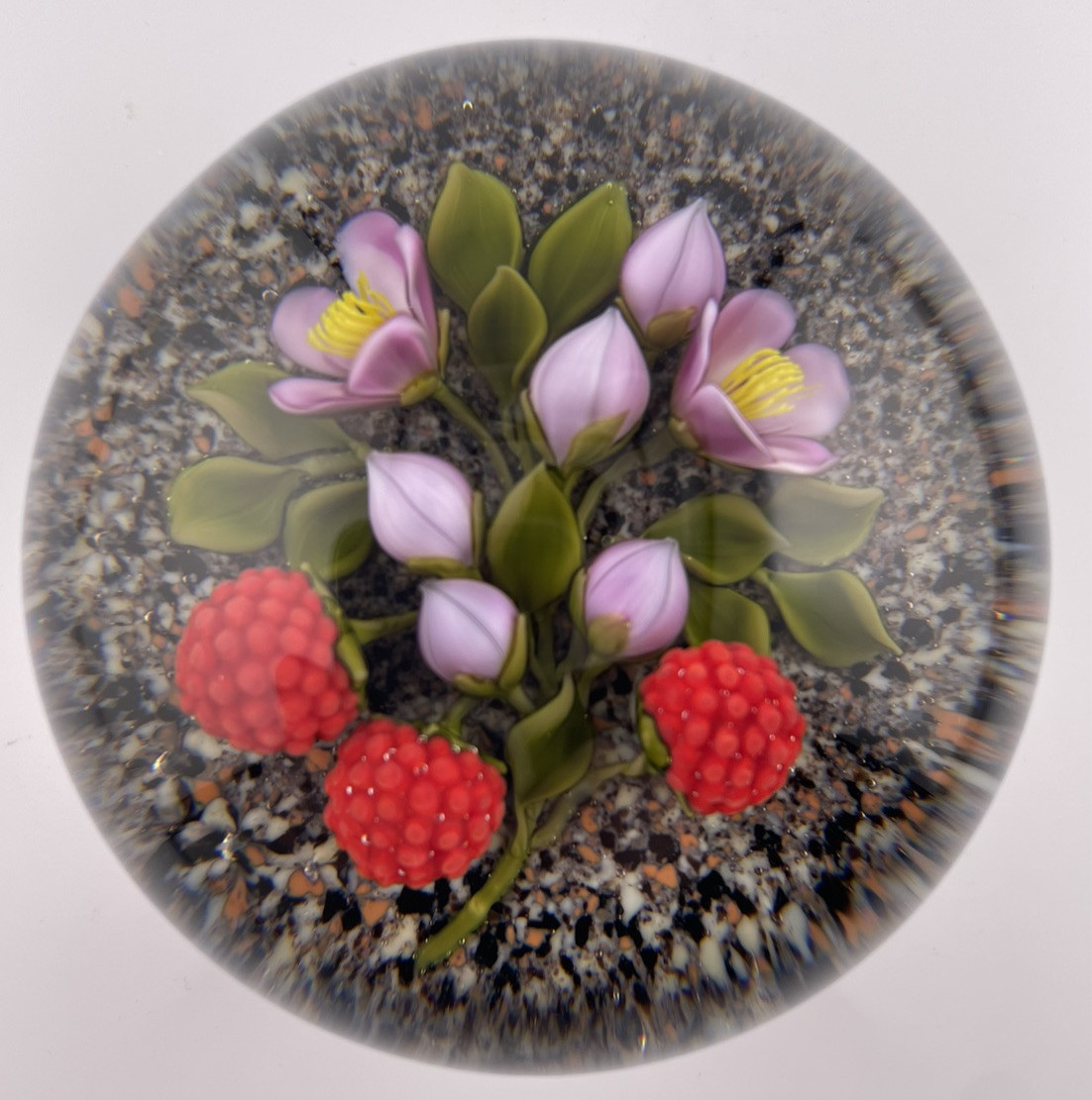 Victor Trabucco 1992 Red Raspberries & Buds W/Pebbled Ground Glass Paperweight