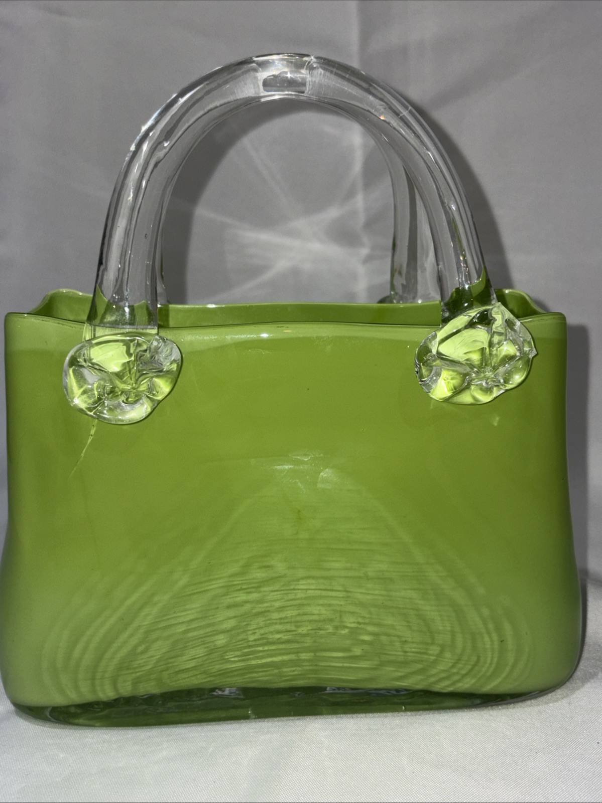Murano Style Art Glass Hand-Blown Purse Bag with Handle Vintage Rare Green