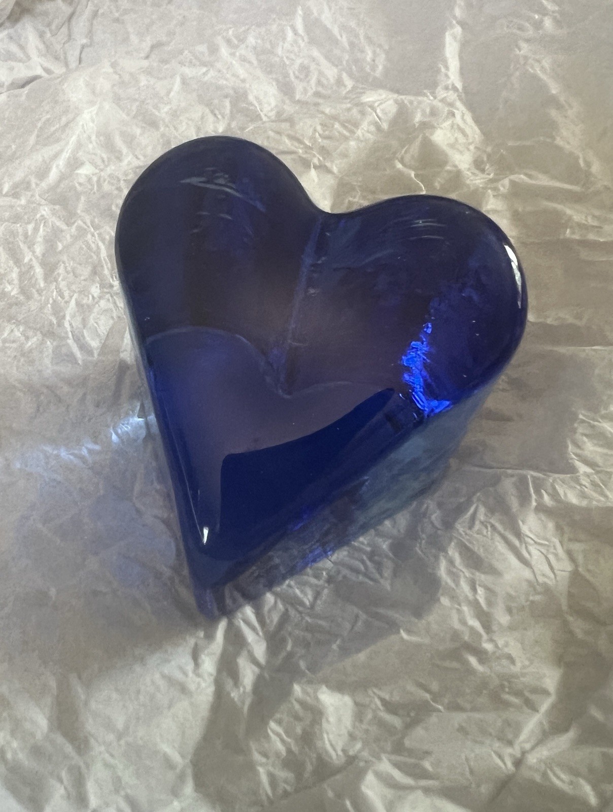Fire Light Cobalt Blue Heart Recycled Glass Paperweight Vintage, Signed,