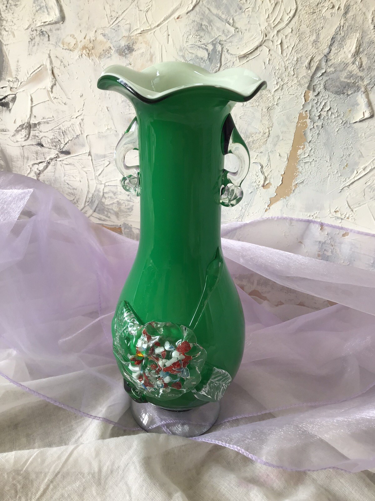 Italian Murano Handblown 26 cm Green Vase Applied Confetti Flower Art Glass