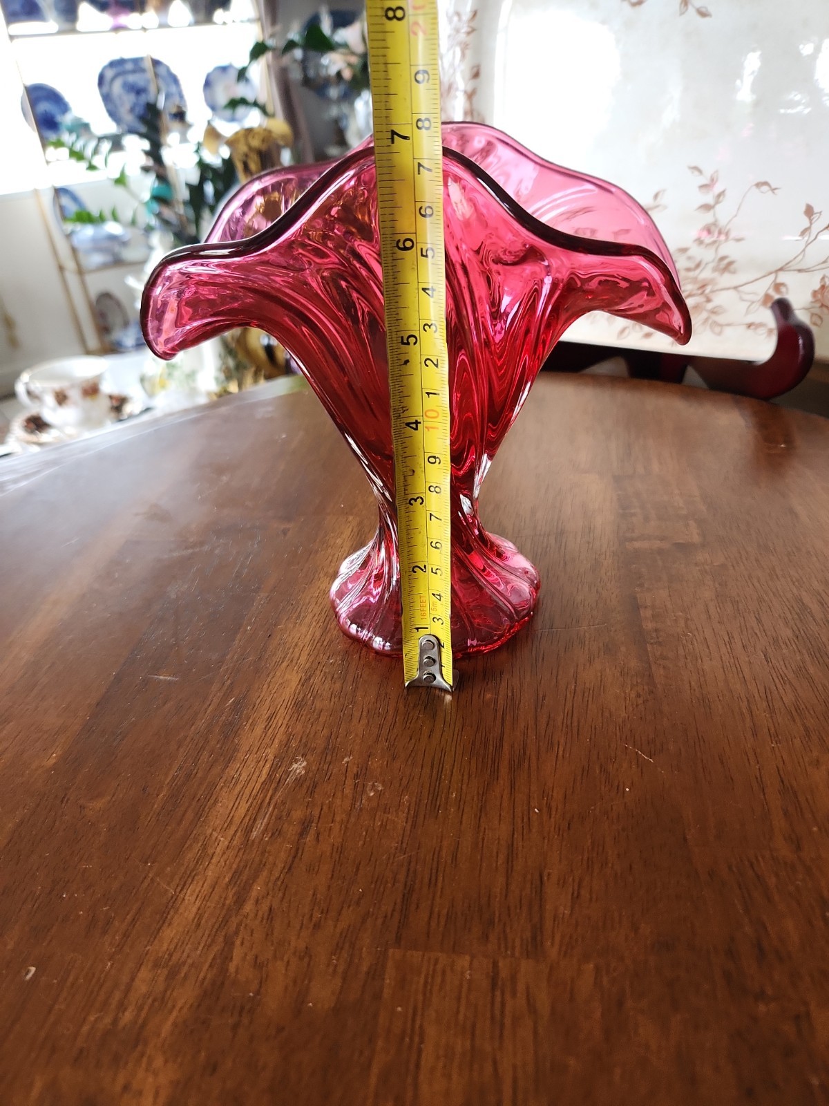Fenton Red Art Glass Vase Hand Blown Ruffled Pattern 7″ Tall Decorative