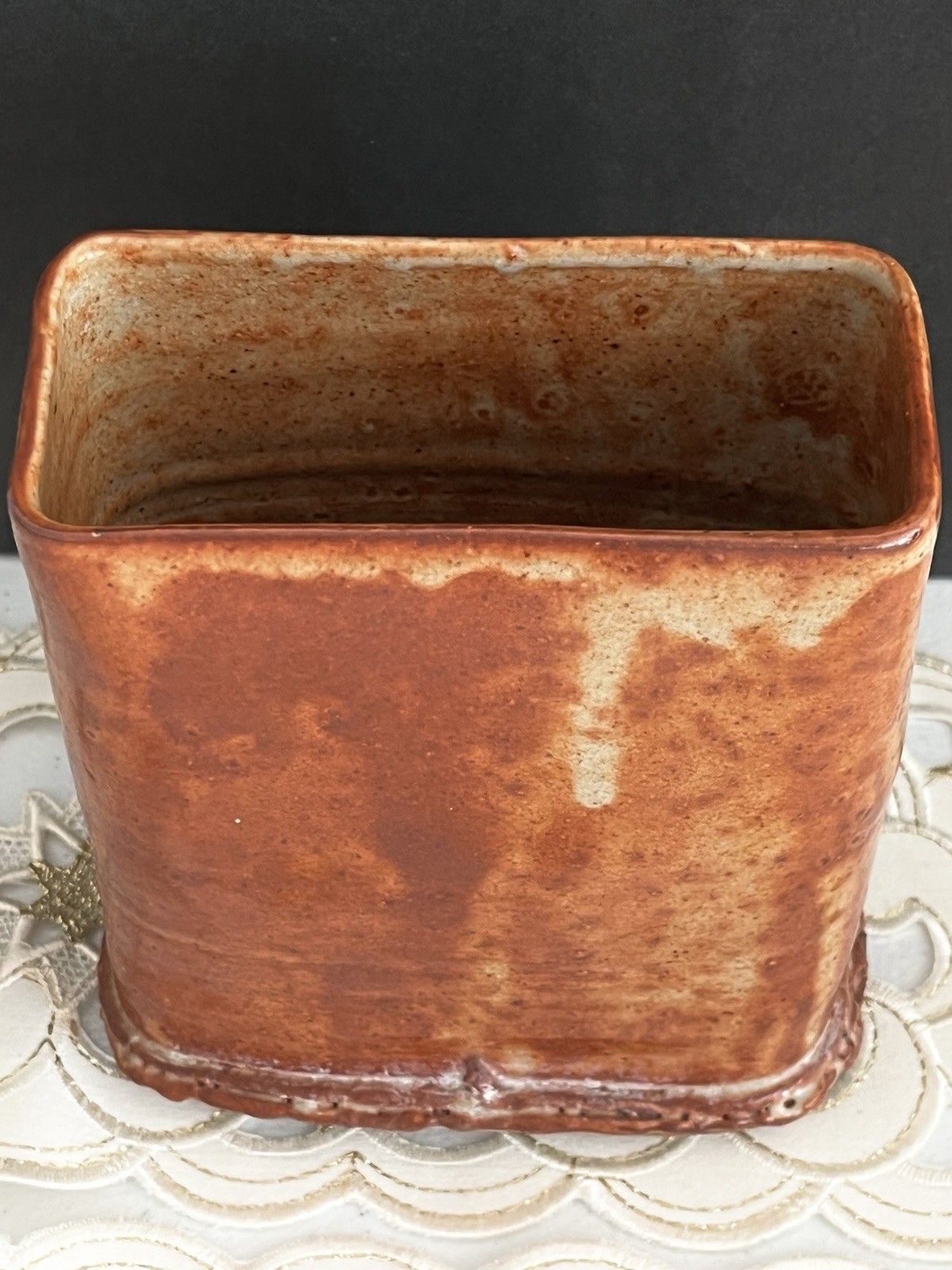 Hand Built Studio Pottery Vase Vessel Glaze Like Rust 5×4” Rectangle Signed