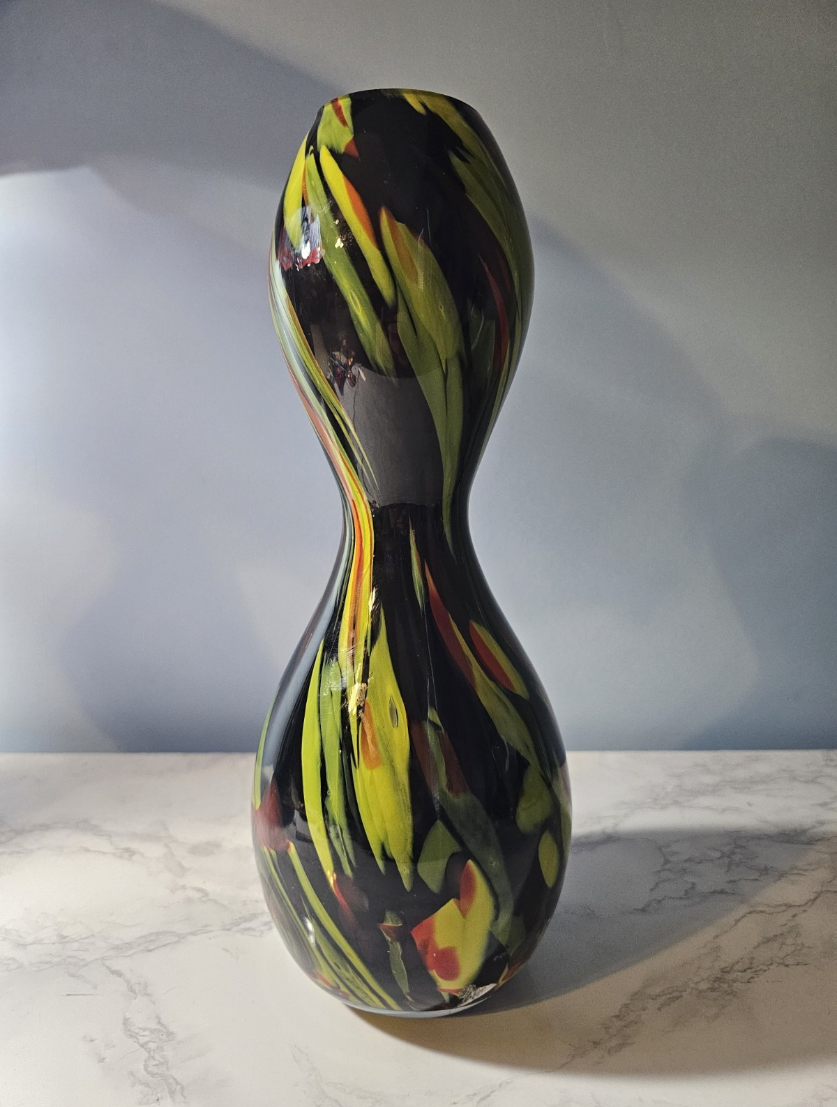 Hand Blown Art Glass Vase Abstract Black Yellow Green Red Swirl Glossy