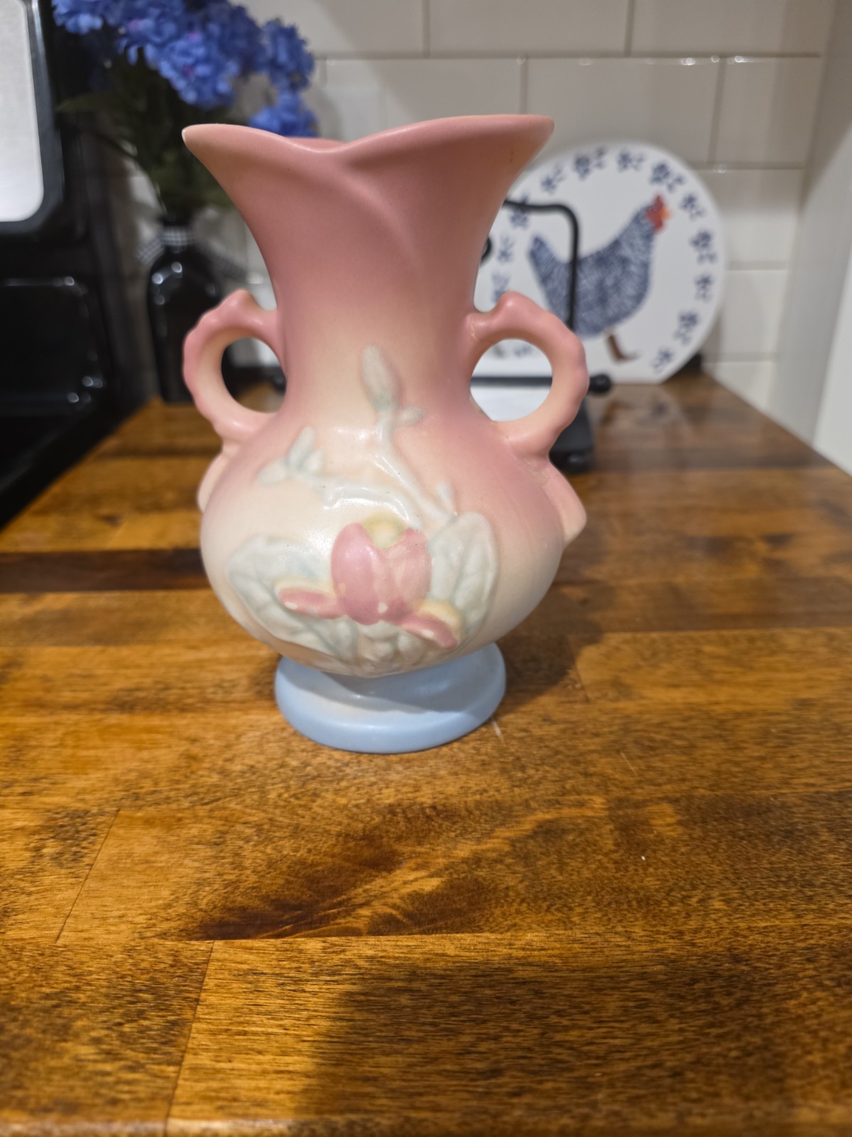 HULL Art Pottery Pink and Blue Vase Matte Finish Double Handle Vase 6 1/2 In