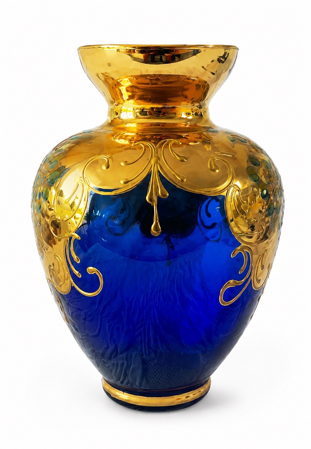 Vintage Bohemian Czech Cobalt Blue Gold Gilt Art Glass Vase Hand Painted