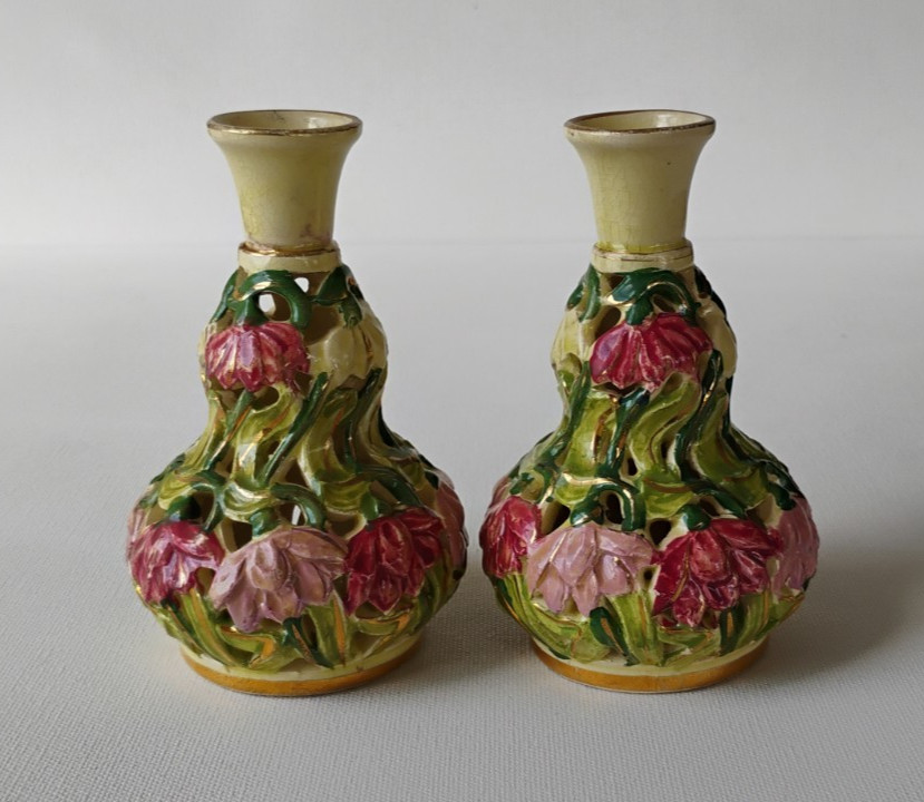 EMIL FISCHER BUDAPEST HUNGARY ANTIQUE PIERCED ART POTTERY VASES PAIR