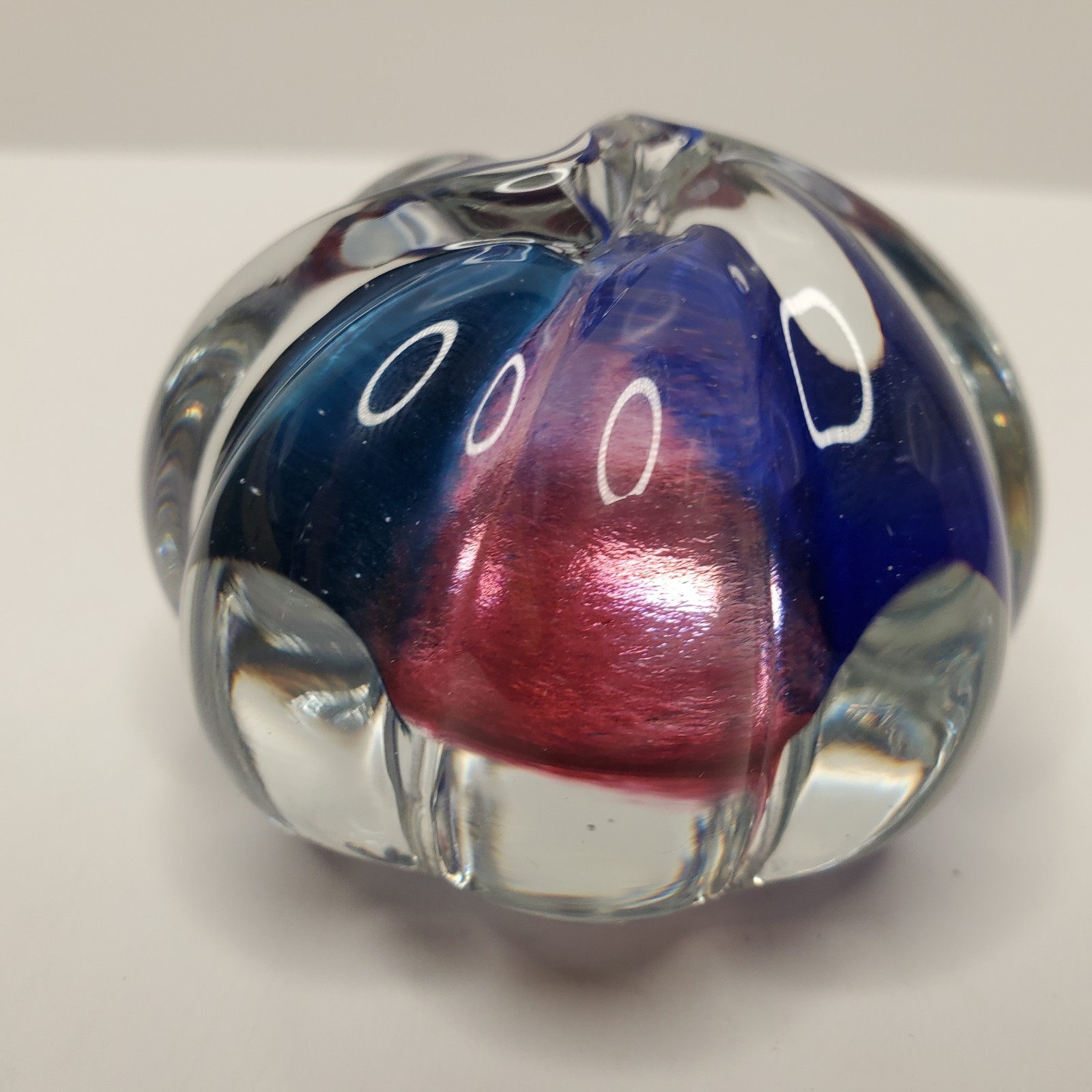 Hand-Blown Art Glass Paperweight Lobed Sommerso Purple , Red & Blue Swirl 2″