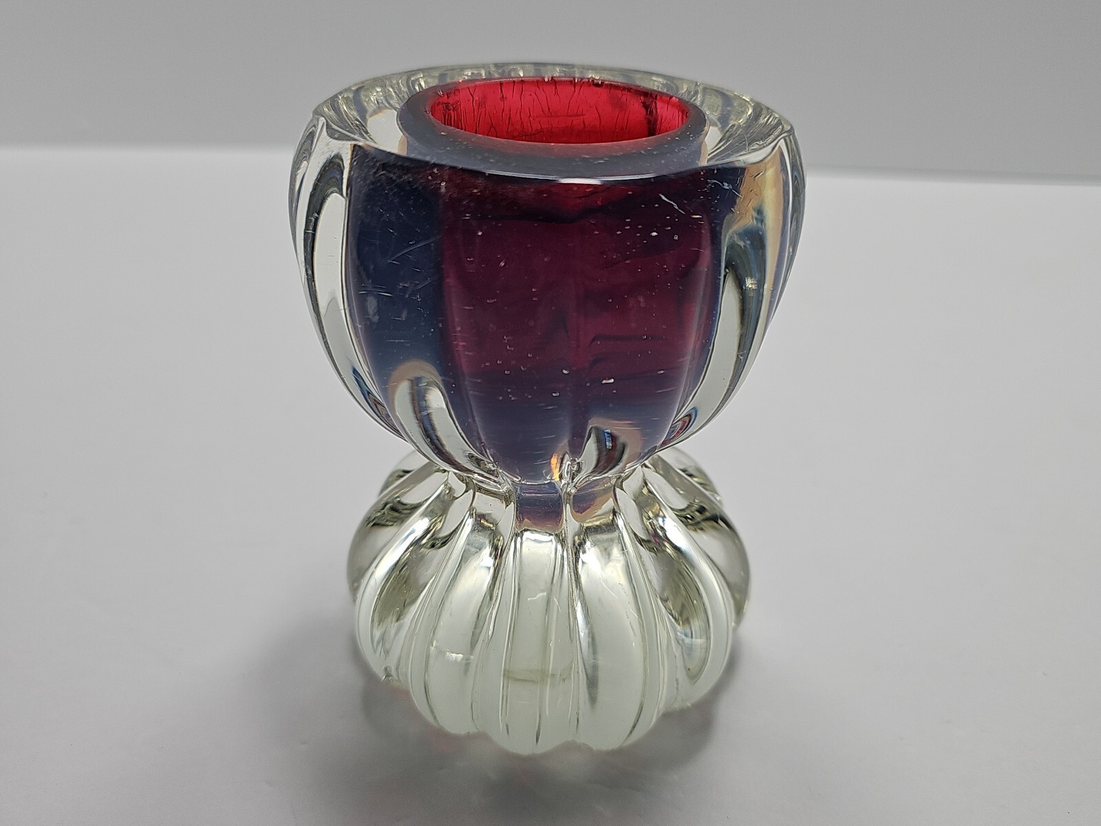 Vintage Sommerso Art Glass Paperweight Inkwell Petal Cased Red Purple READ