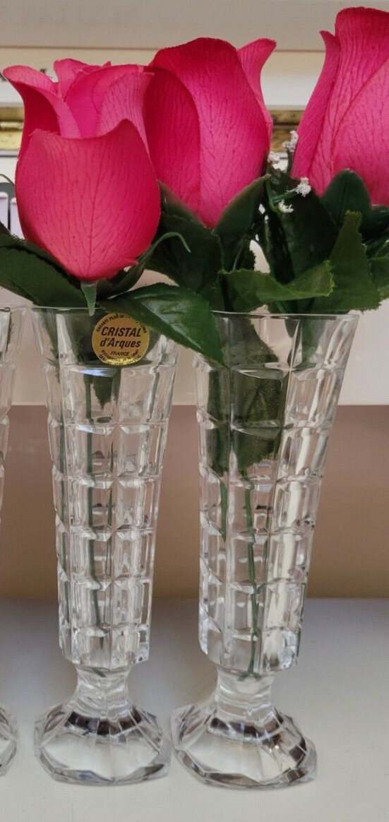 3 CRYSTAL D ARQUES DURAND BOX CUT CRYSTAL FLOWER VASES ONE LARGE AND 2 SMALL