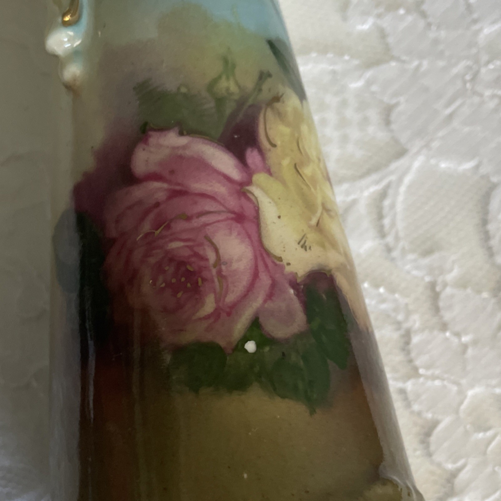 Antique Austria Hand Painted Floral Rose Porcelain Vase Handled 8”
