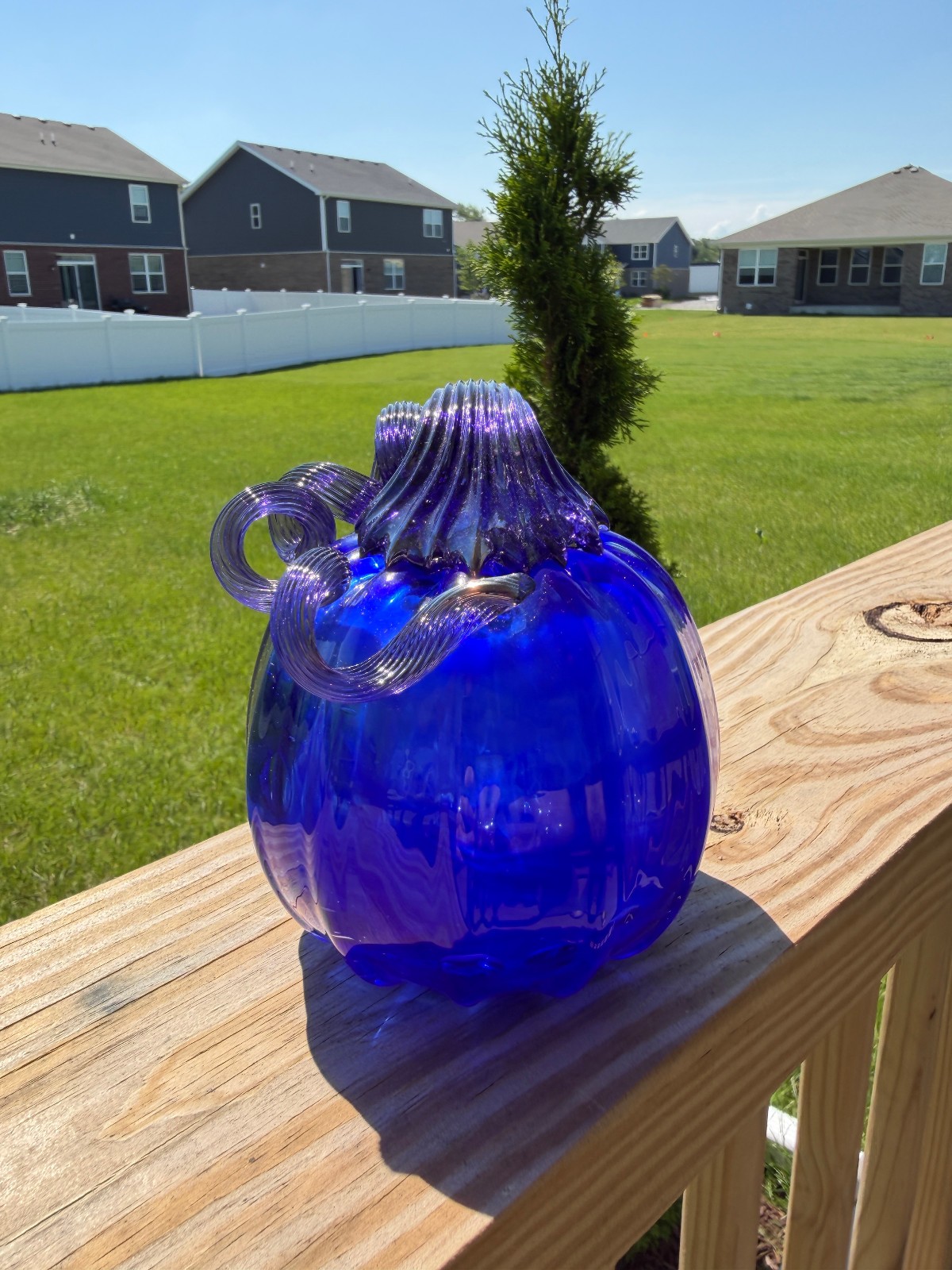 Hand Blown Art Glass Pumpkin Green Yellow Swirl Decorative Fall Harvest 5-6”