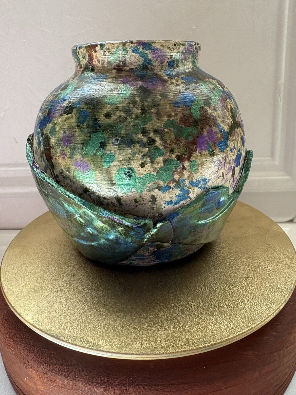 Raku Fired Vase W iridescent Blue Green & Purple Metallic Glazes 5 In T 6 In D