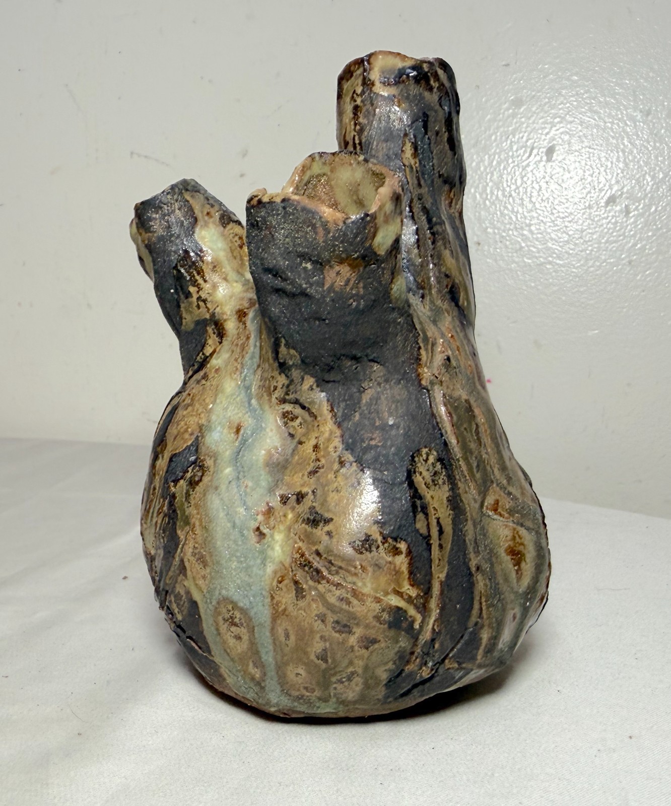 Vintage handmade brutalist American pottery anatomical heart shaped vase