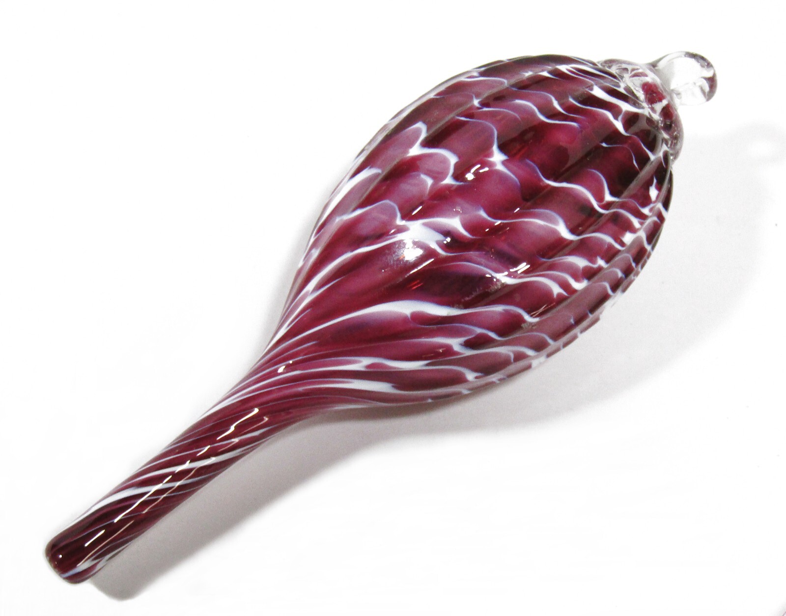 Hand-Blown Twisted Spike Art Glass Dark Pink & White Kugel Ornament