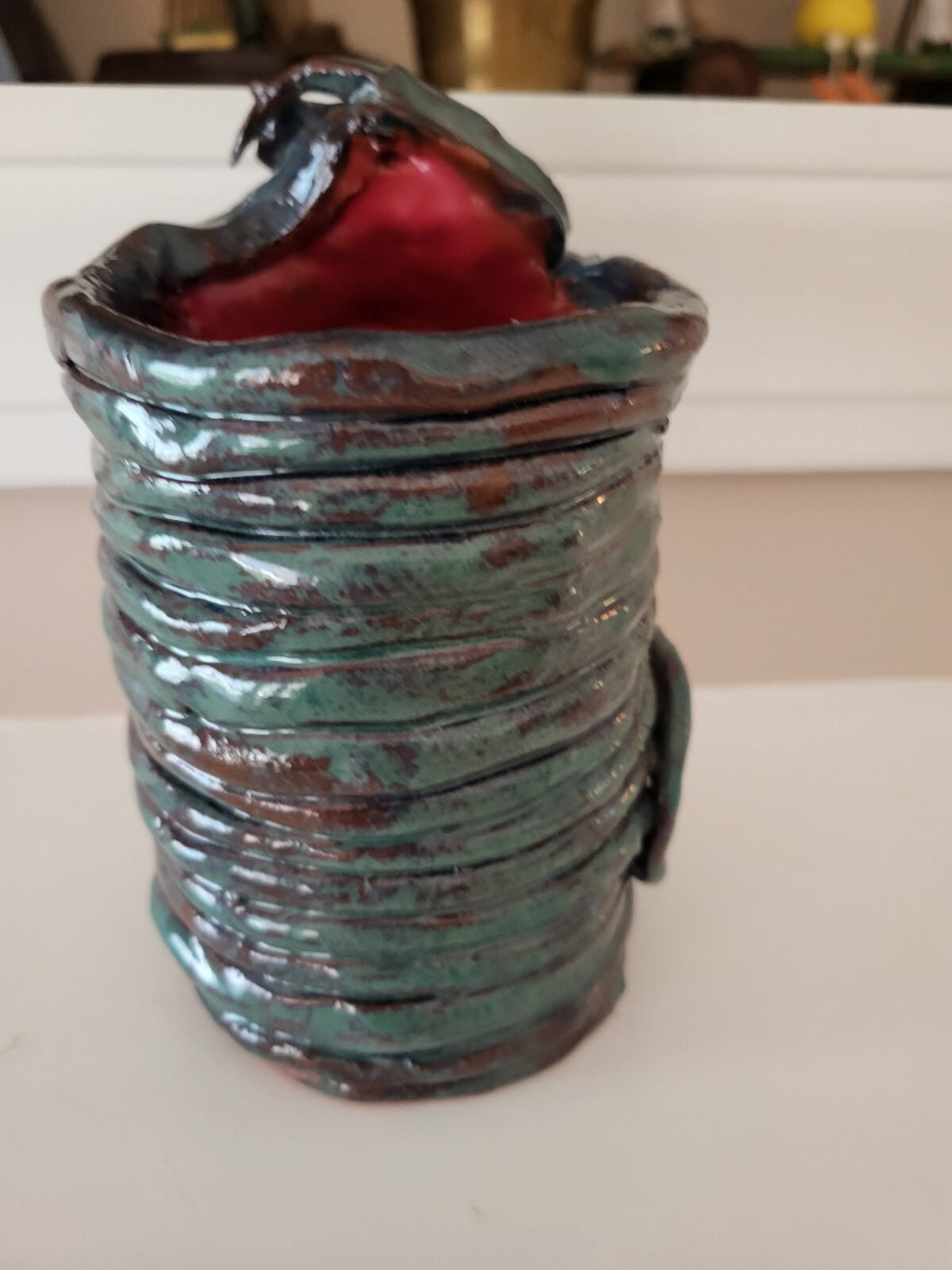 Studio Art Pottery Hand Thrown Dragon Vase/ Planter Glazed Coiled Signed LEVI