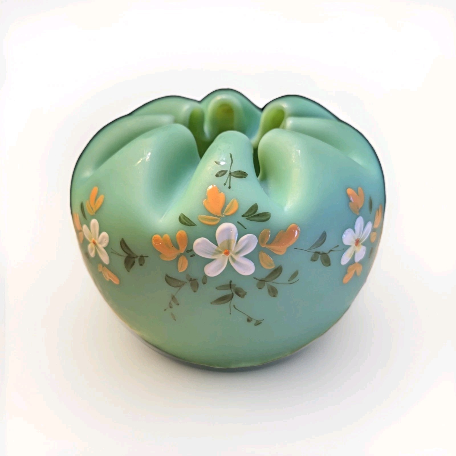 Aquamarine Satin Glass Rose Bowl, Crimped, Hand Painted Flowers, Antique