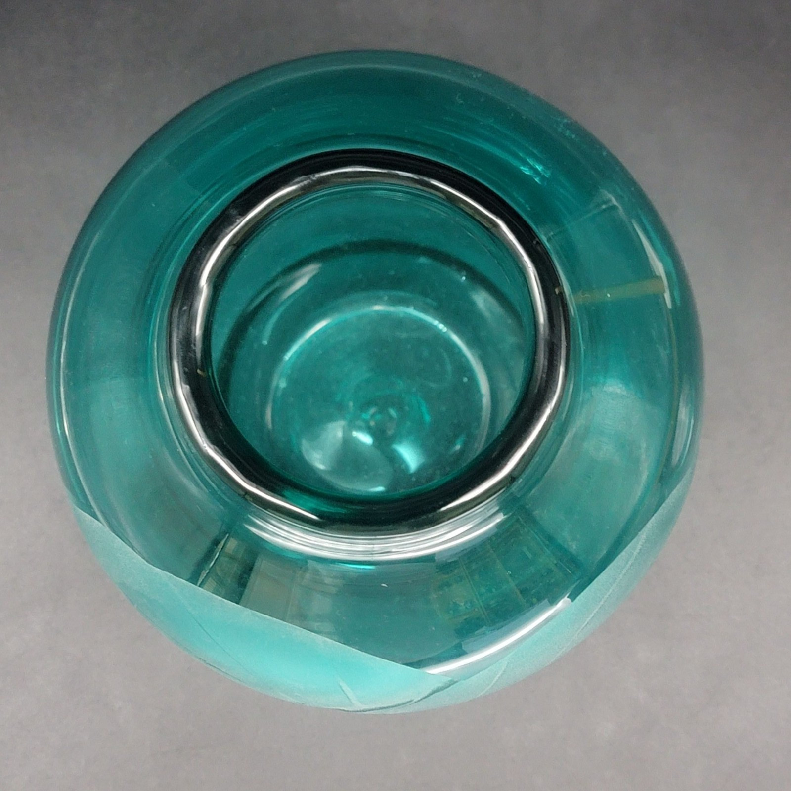 Vintage Teal Art Glass Vase Sand Etched Signed 1990 Tropical Decor
