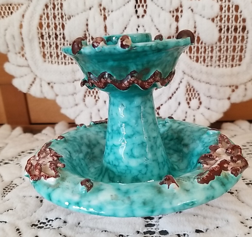 Candle Holder Pottery Blue Green Textured Brown Glaze Italy Signed