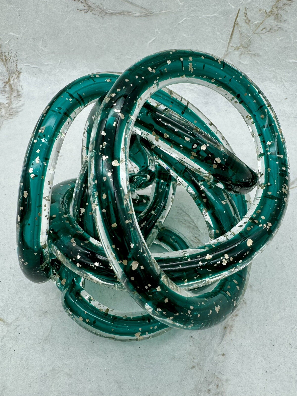 Teal Blue Gold Glass Abstract Art Handblown Glass Twisted Knot 6″x 5.25”