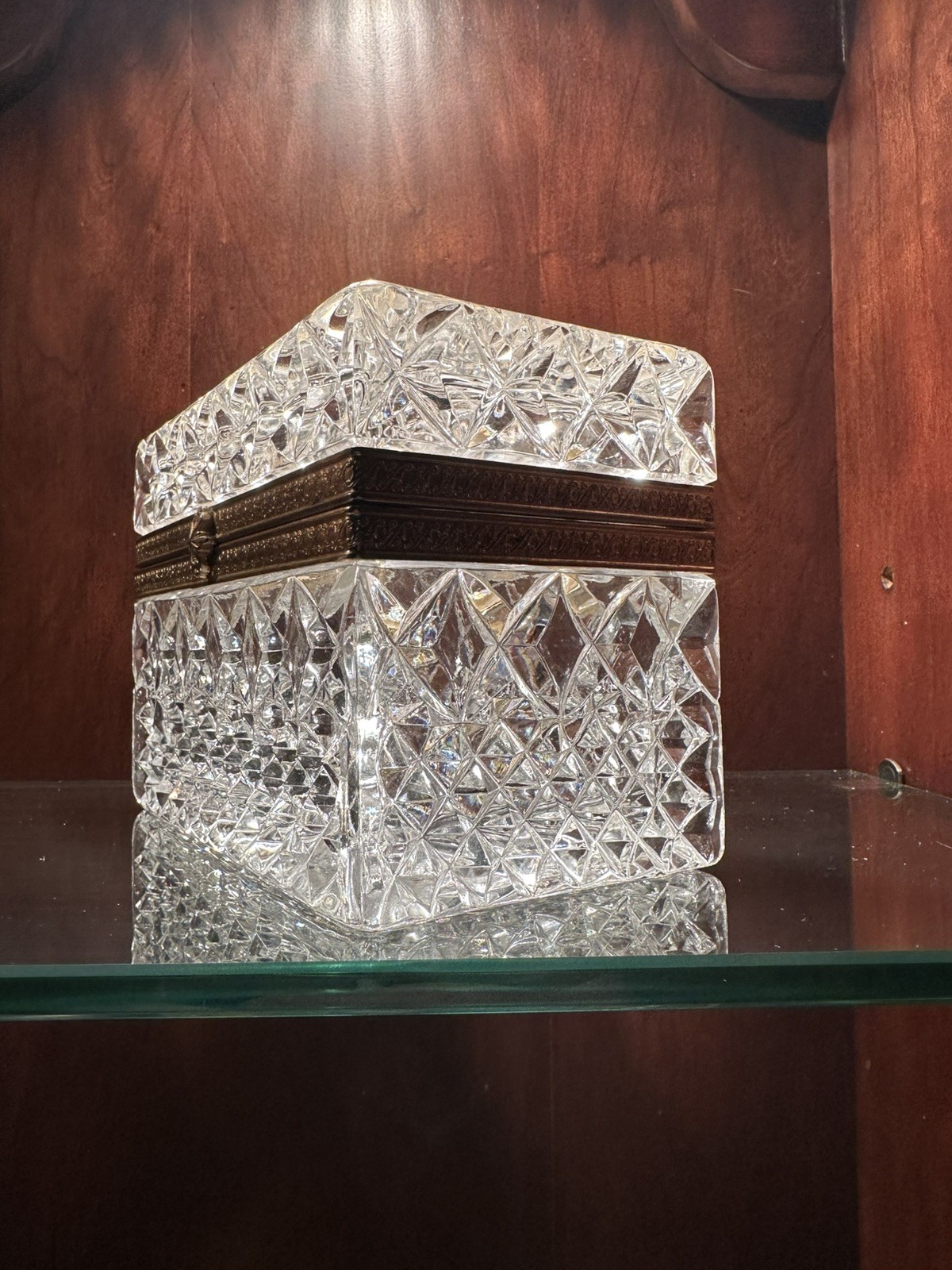 Vintage French Crystal Glass Box Star Cut Bronze Ormolu Heavy