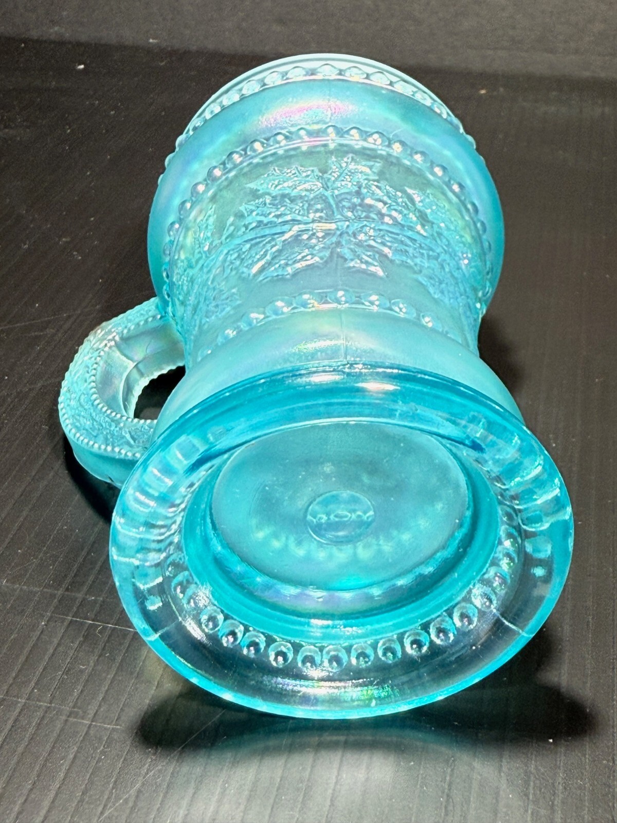 Vintage Joe St Clair Iridescent Beaded Holly Berry Band Blue Mug loc 4767