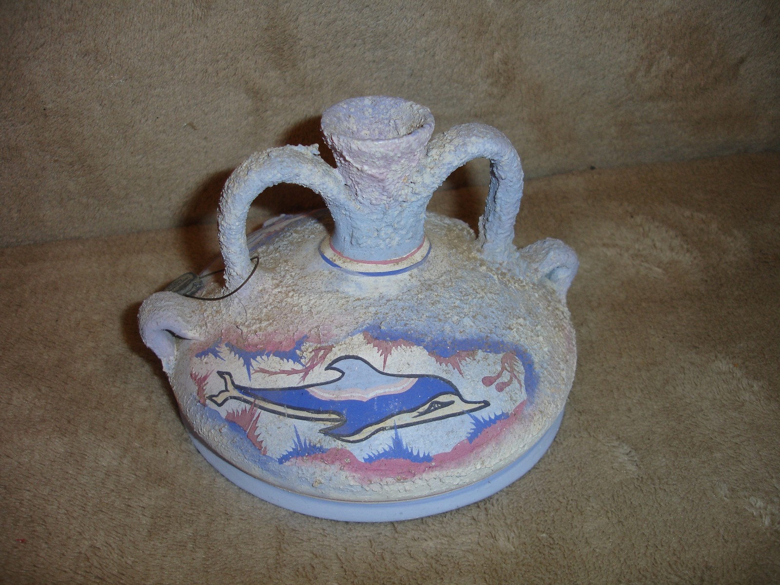 Vintage Minoan Hand Painted Greek Vase Flask Museum Copy with Dolphins 4″ Tall